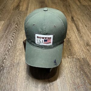 Browning Hat Green Baseball Cap Adjustable Strap USA Flag Deer Logo Hunting Army